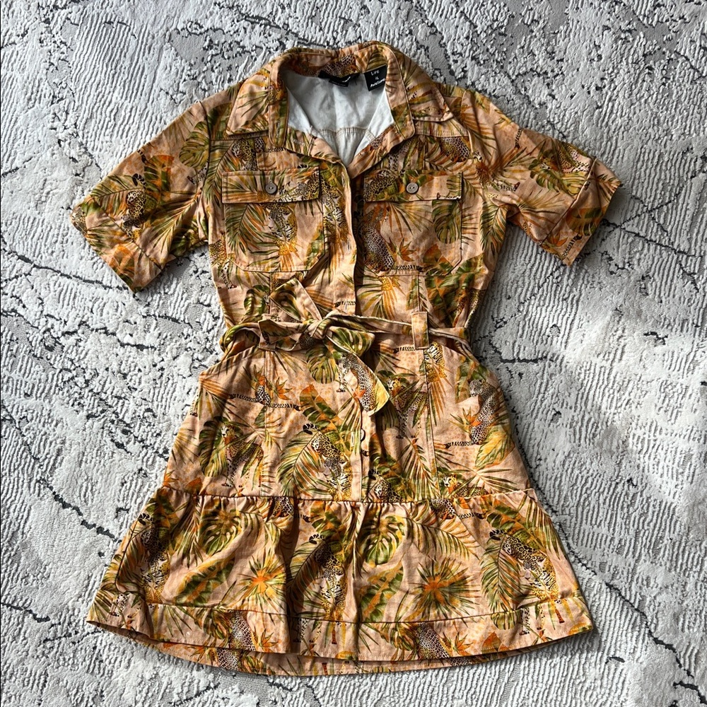Desigual Beige and Green Leaf Print Mini Dress